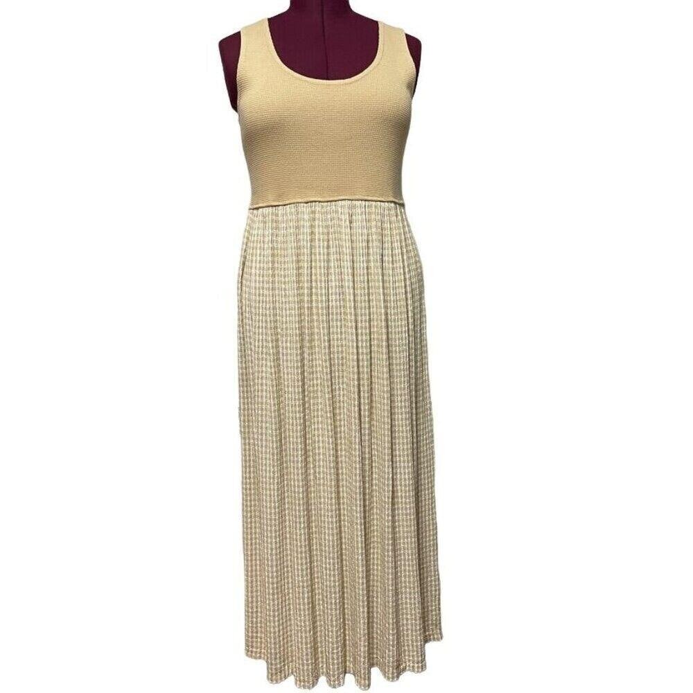 Perry Shan Vintage Tan Waffle Knit Gingham Pleated Maxi Dress Size 3 Made in USA